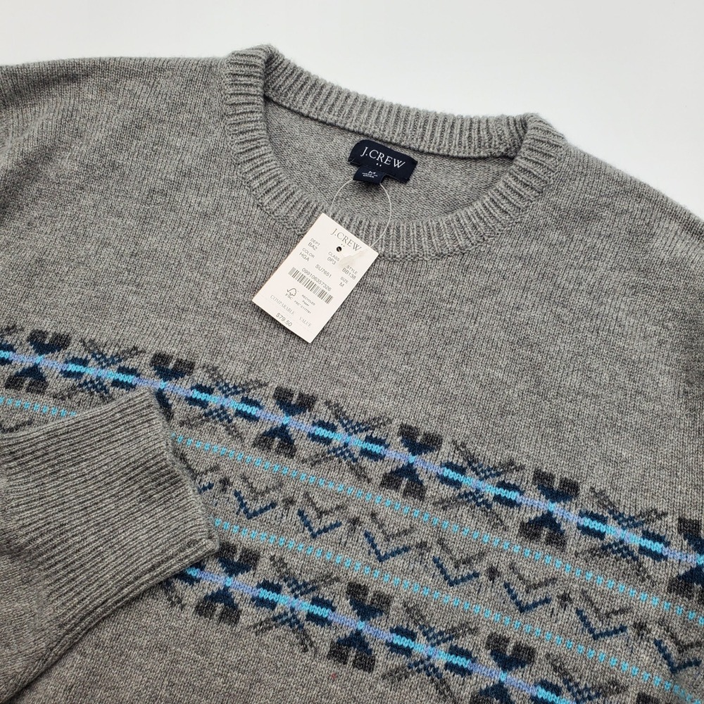 J.Crew Mens Medium Lambswool Blend Fair Isle Crewneck Sweater Grey NEW
